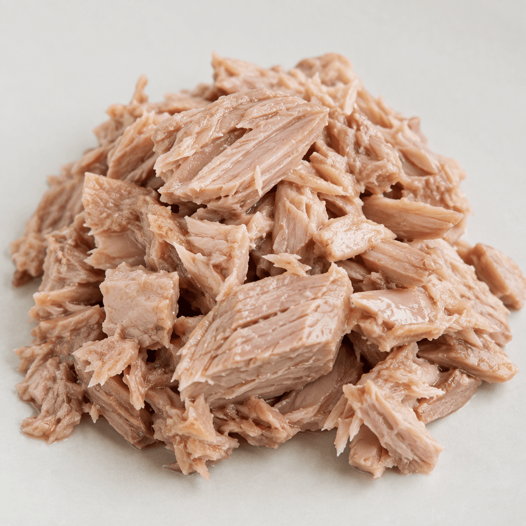 Moist, pale beige-pink tuna lies in loose flakes and small uneven chunks, with a slight sheen and delicate layered texture.