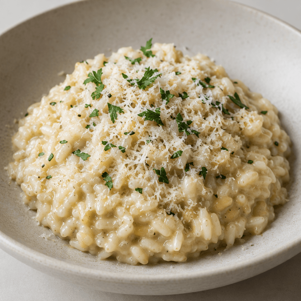 A mound of plump, short-grain rice suspended in a thick, glossy, creamy sauce, with individual grains still visible and lightly clinging together, served in a shallow bowl and topped with small green herbs and finely grated pale cheese.