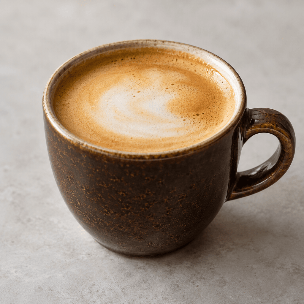 A short, dark-brown coffee in a small cup, topped with a thin layer of pale steamed milk and a creamy tan surface.