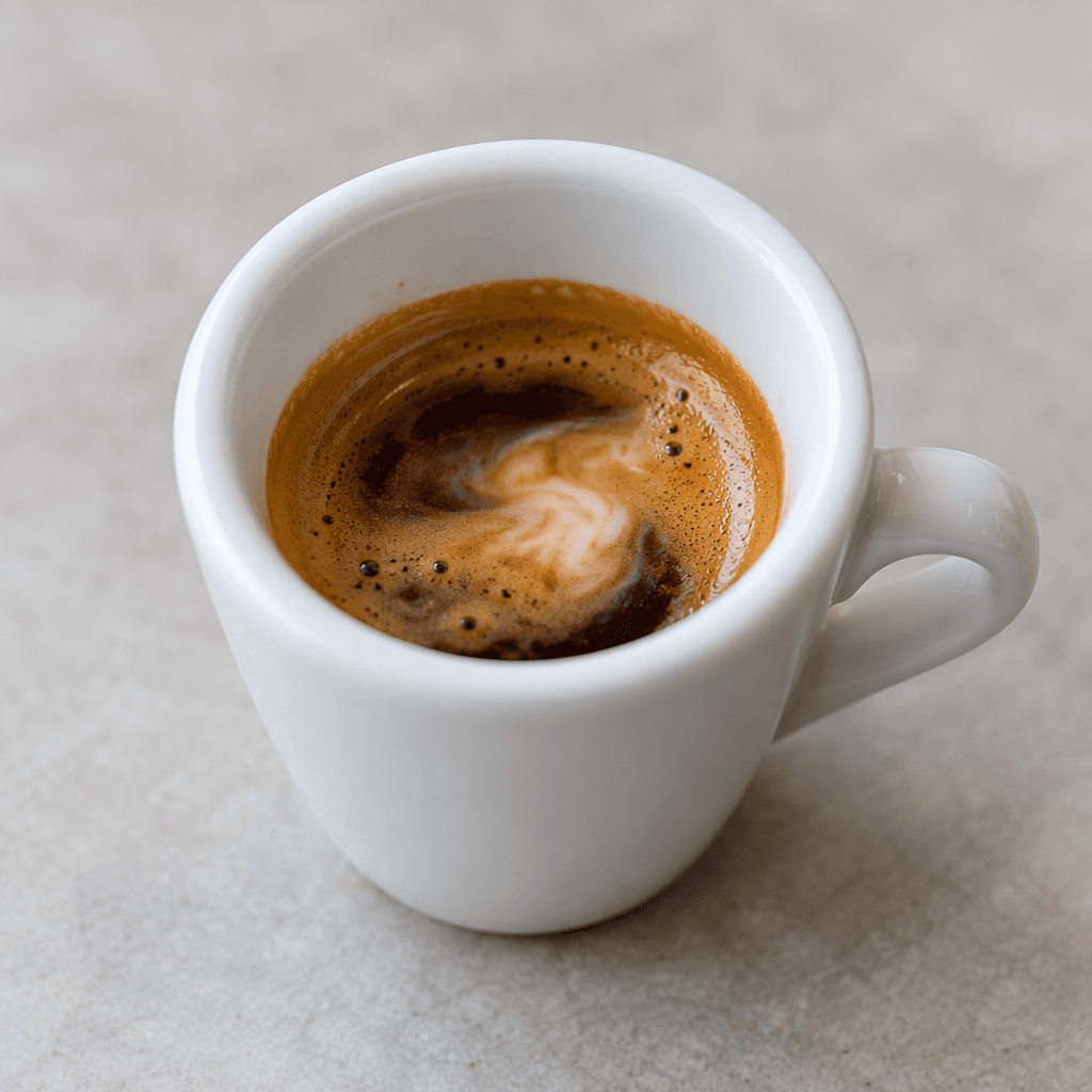 A small cup holds a short, very dark coffee lightened with a splash of pale milk, with a thin tan crema on its surface.