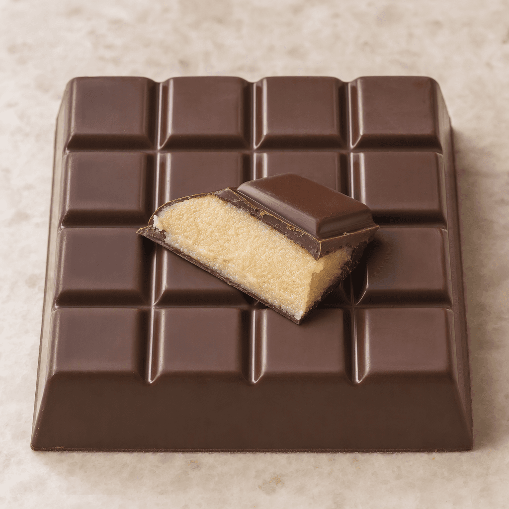 A square dark chocolate bar divided into small raised squares, with one piece broken open to reveal a smooth, pale tan marzipan filling.