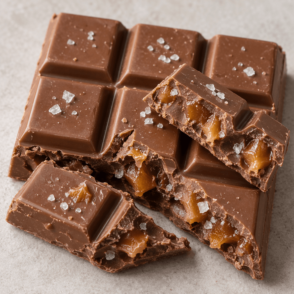A square milk-chocolate bar divided into chunky squares, with broken pieces showing small amber caramel bits and tiny pale salt crystals against the smooth brown chocolate.
