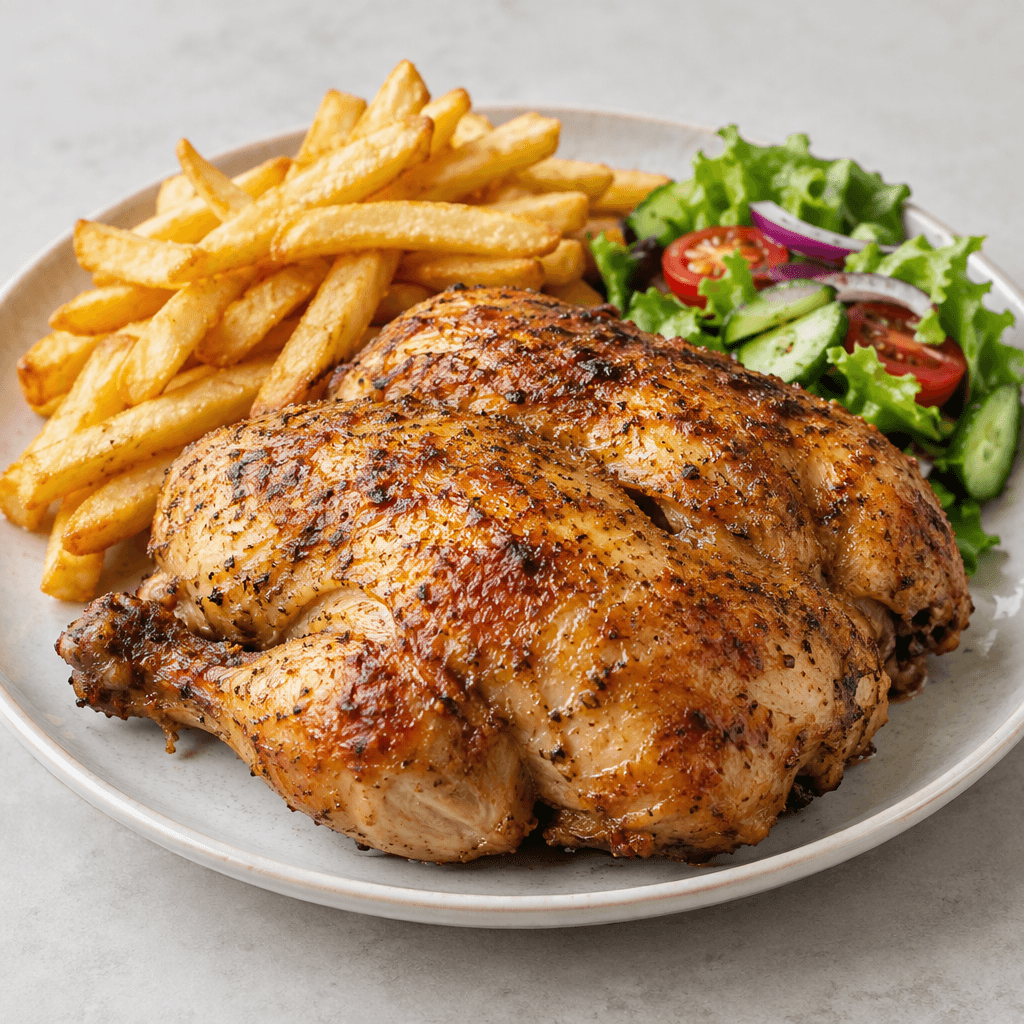 Golden-brown roast chicken with lightly blistered skin is served with a mound of fries and a small portion of salad on a plate.