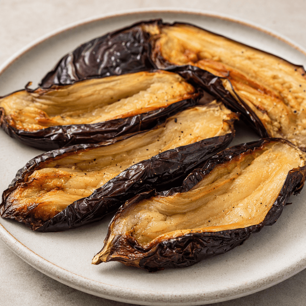 Soft roasted eggplant halves with deeply wrinkled, blistered purple-black skin and creamy beige flesh, arranged on a plate with a few browned edges visible.