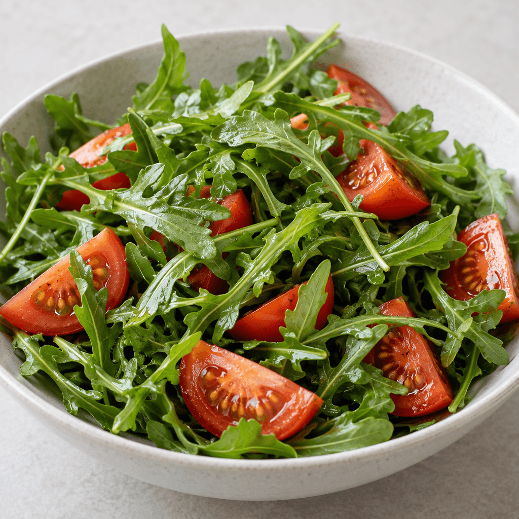 A salad of fresh, long-stemmed arugula leaves mixed with bright red tomato wedges, showing ruffled green leaves and juicy, glossy tomato surfaces, loosely arranged in a shallow serving bowl.