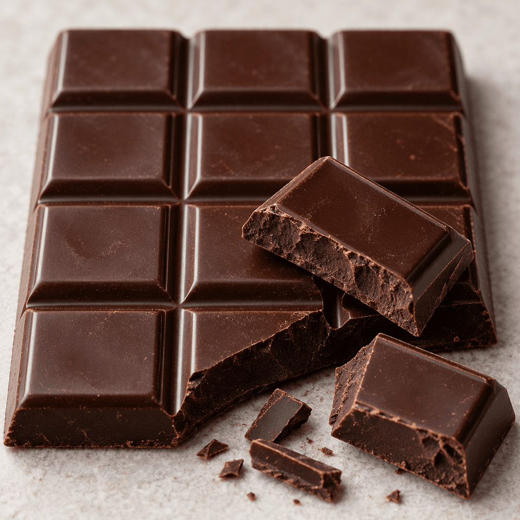 A dark brown chocolate bar divided into neat rectangular segments, with a smooth, slightly glossy surface and a few broken pieces showing their solid interior.