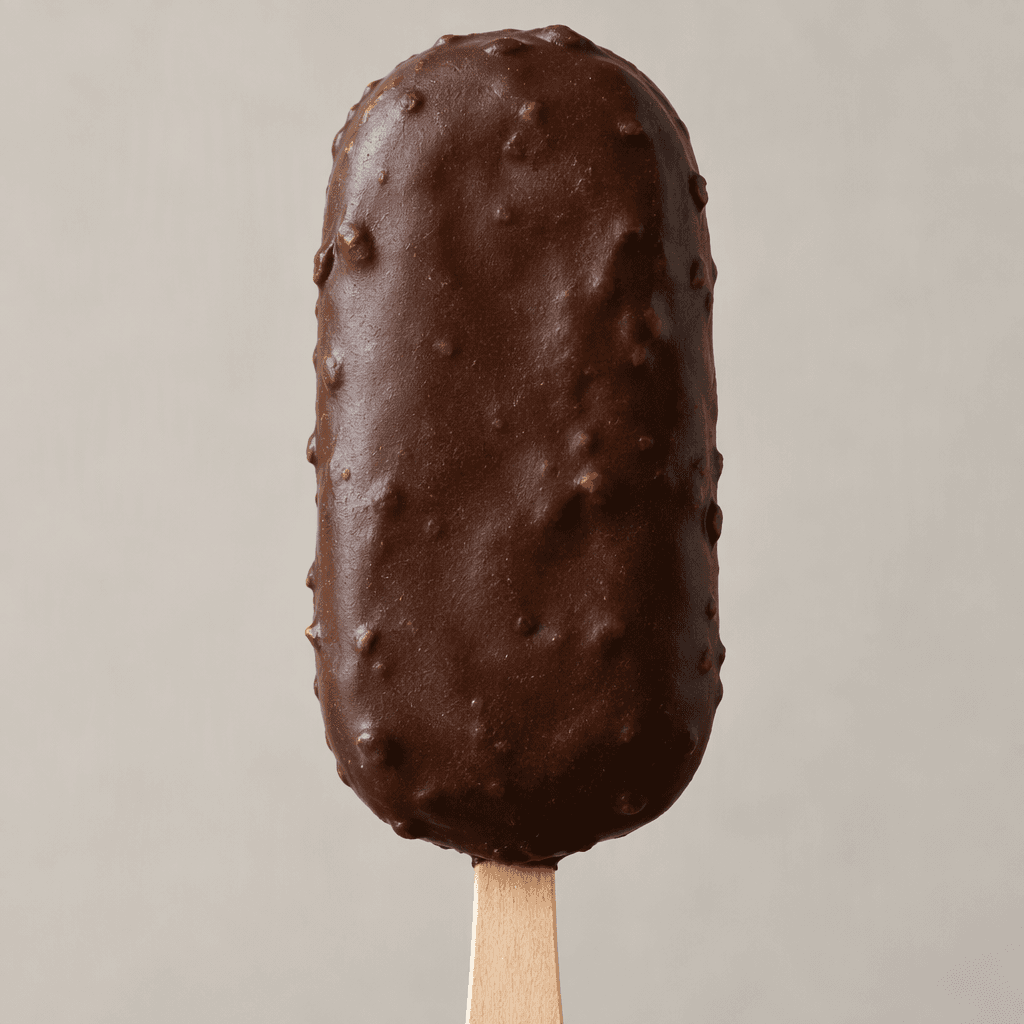 A rounded rectangular bar of chocolate ice cream on a wooden stick, covered in a dark brown chocolate shell with a slightly uneven surface.