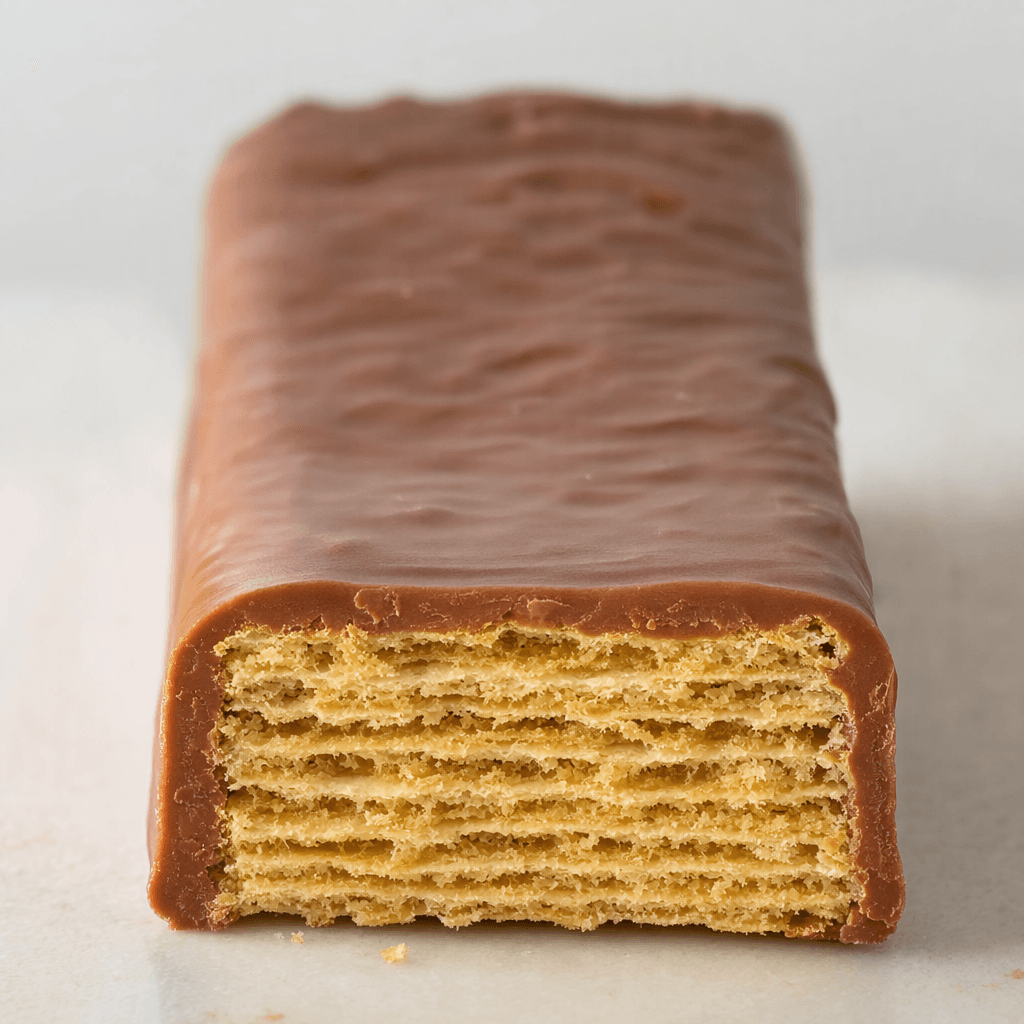 A rectangular wafer bar with a smooth brown chocolate coating and thin, pale golden wafer layers visible at a broken edge.