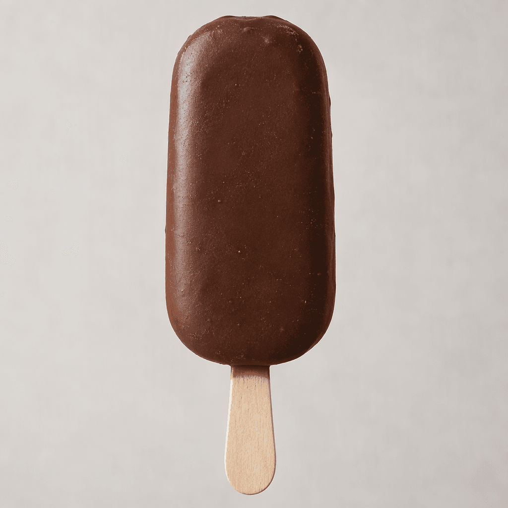 A slim, rounded rectangular ice cream bar with a smooth dark-brown chocolate coating, served upright on a wooden stick.