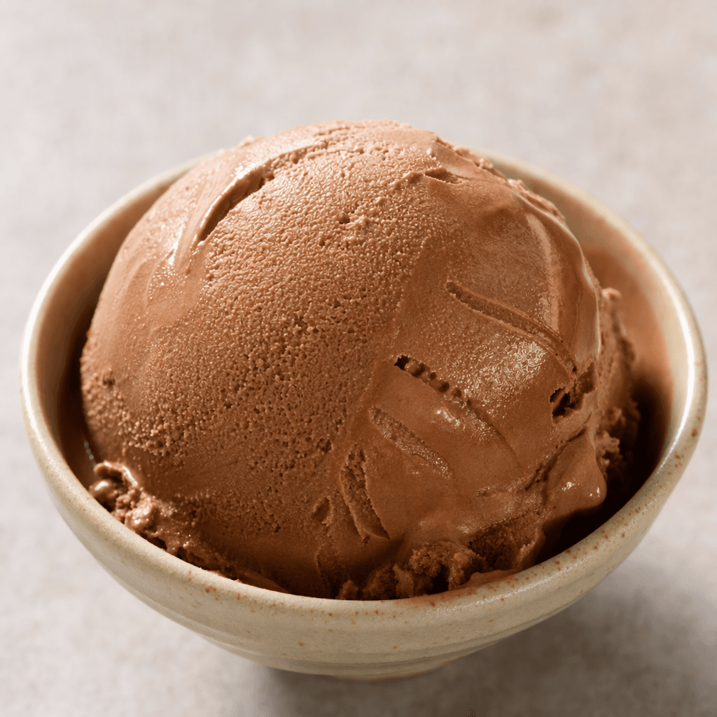 A rounded scoop of cocoa-brown ice cream with a smooth, creamy surface and soft scoop marks, served in a small dish.
