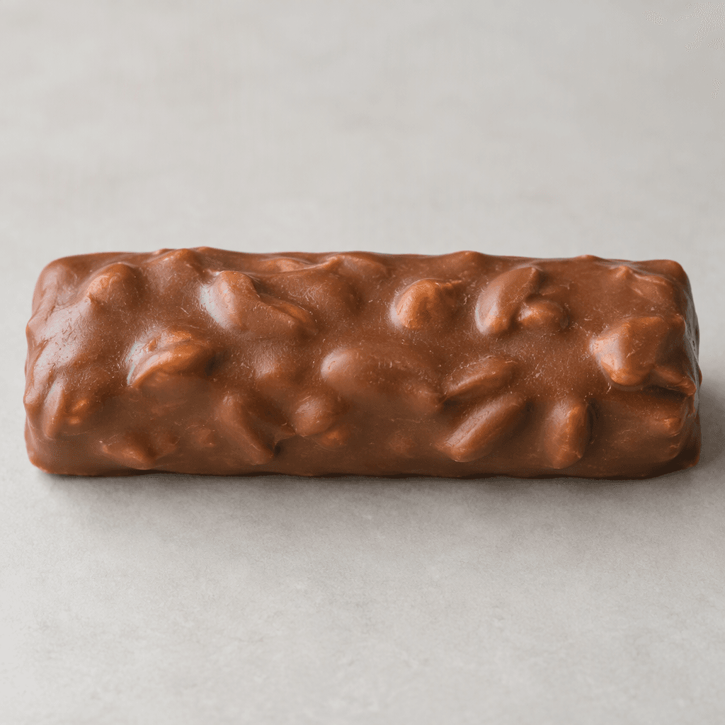 An elongated, rectangular chocolate-coated bar with a smooth brown surface, faintly uneven where rounded peanut shapes show beneath it.