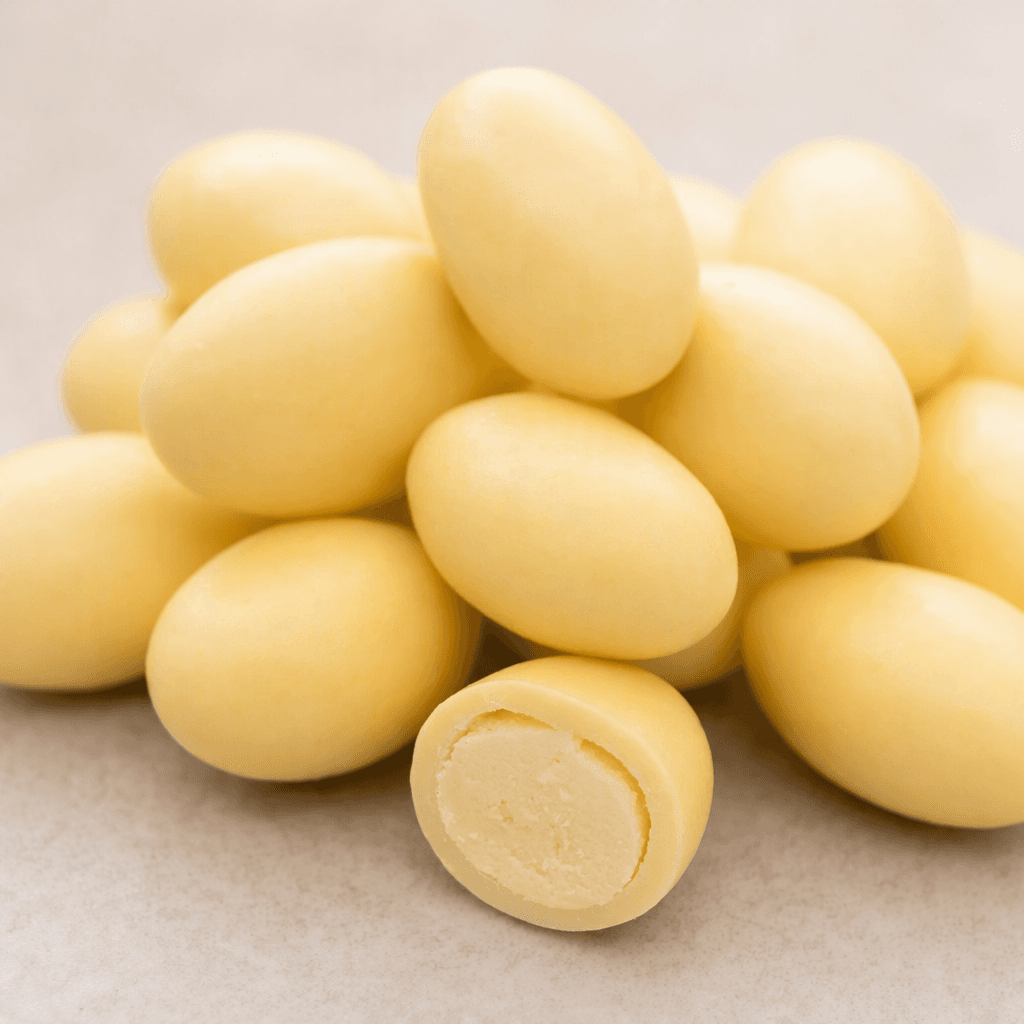 Small, smooth, oval candies with a pale golden-cream exterior, shown whole beside one cut open to reveal a soft, off-white center.