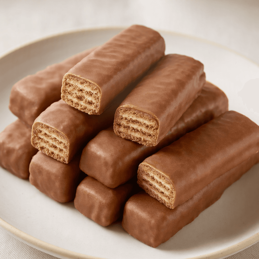 Small oblong wafer fingers with crisp, golden-brown layered sides, a pale creamy filling visible between the layers, and a smooth light-brown coating, arranged in a neat cluster.