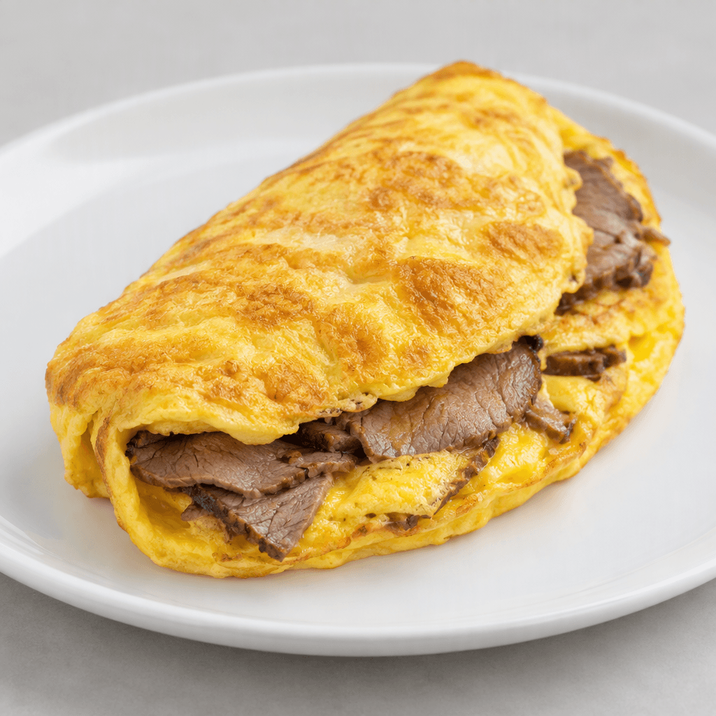 A thick, softly folded golden-yellow omelette with thin slices of brown-edged roast beef visible inside and along the cut edge, served on a plain white plate.