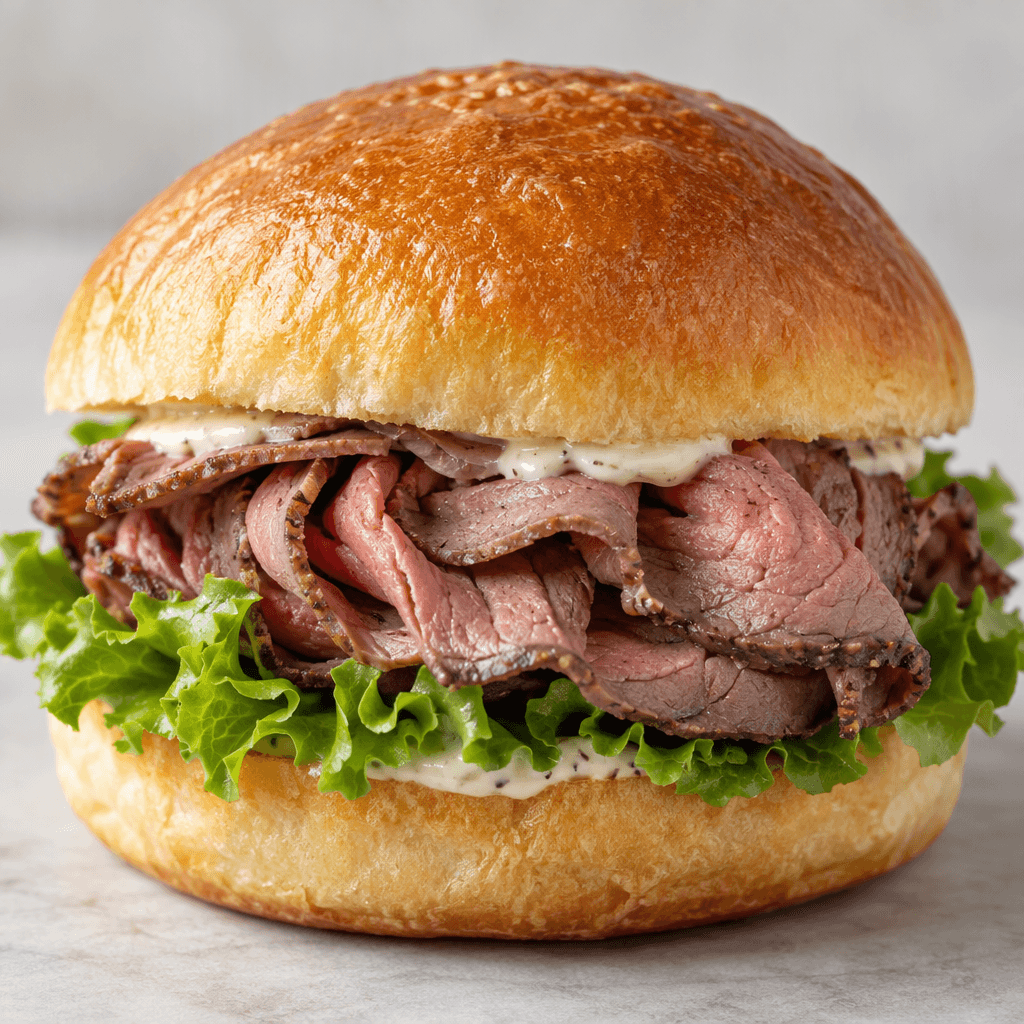 A round burger bun holds thin slices of rosy-brown roast beef, with ruffled green lettuce and a pale sauce visible between the halves.
