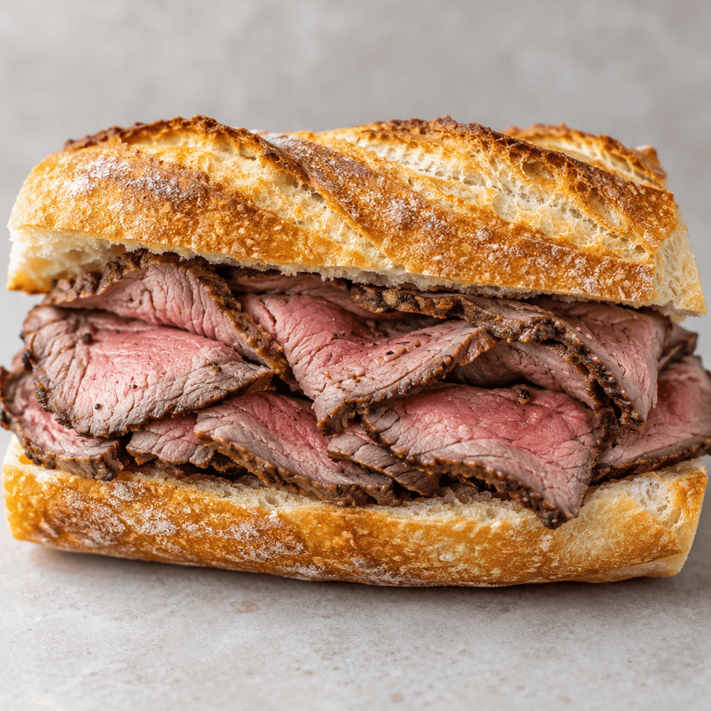 A crusty, golden-brown baguette is split lengthwise and filled with overlapping slices of roast beef, their browned edges surrounding tender-looking pink centers.