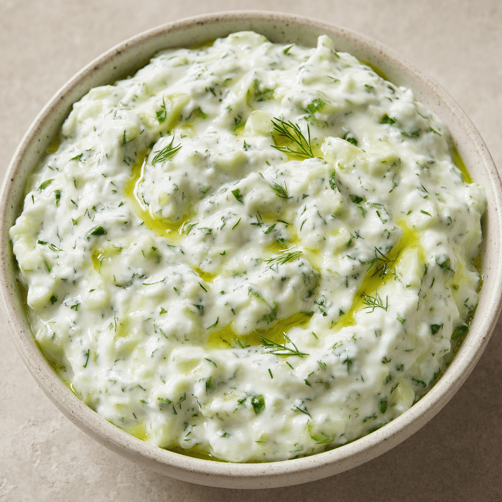 A thick white yogurt mixture flecked with green cucumber and herbs, served in a shallow bowl with a light sheen of olive oil.