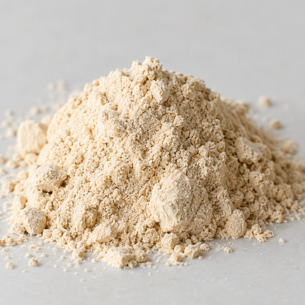 İnce, açık bej renkli protein tozu gevşekçe yığılmış duruyor; dokusu yumuşak ve hafif topaklı, çevresinde birkaç tanecik dağılmış.