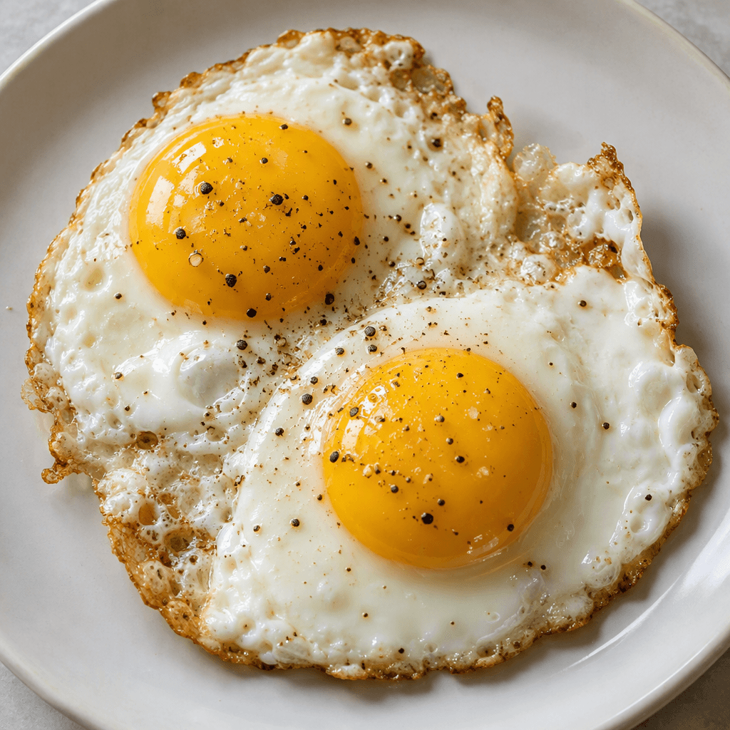 One or more pan-cooked eggs with softly set white edges and bright yellow yolks sit on a plain plate.