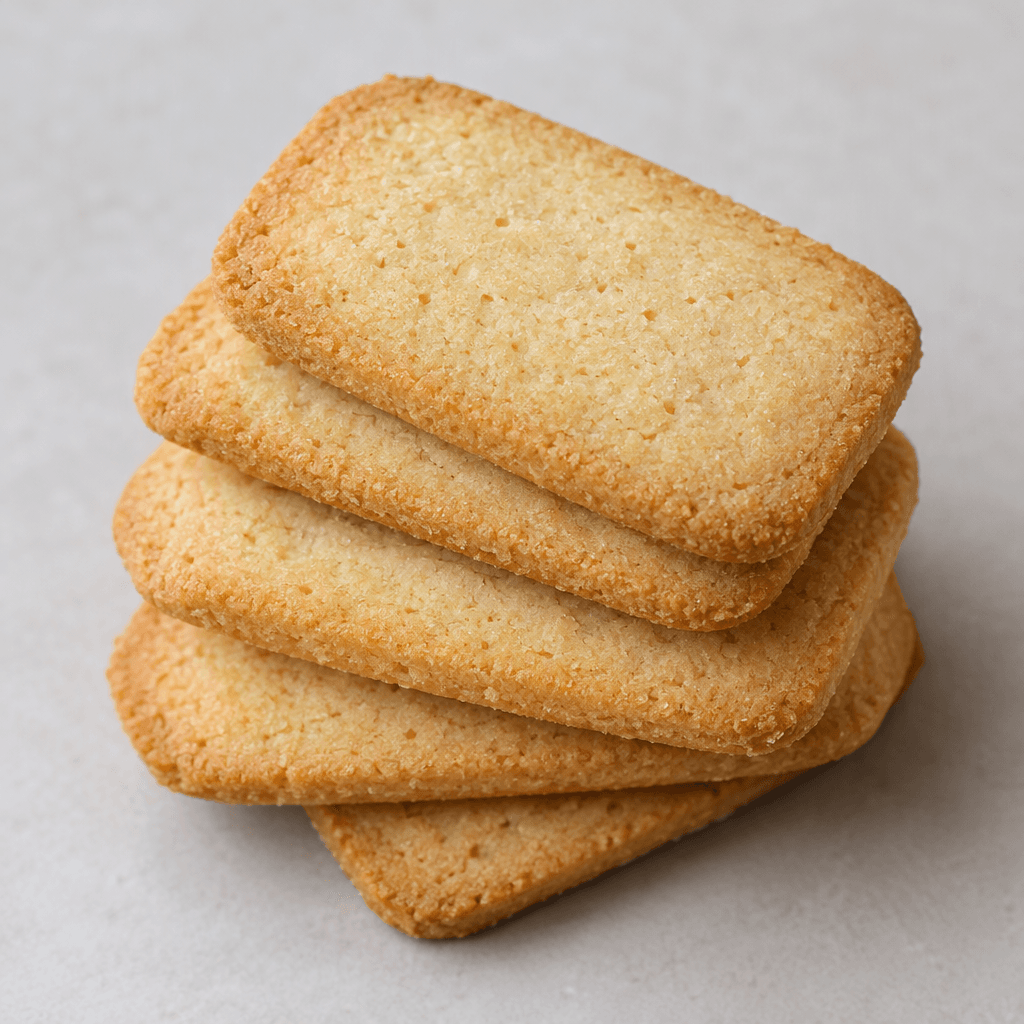 Several plain, small rectangular biscuits with rounded corners, a pale golden-brown surface, fine crumbly texture, and lightly browned edges are arranged in a neat overlapping stack.