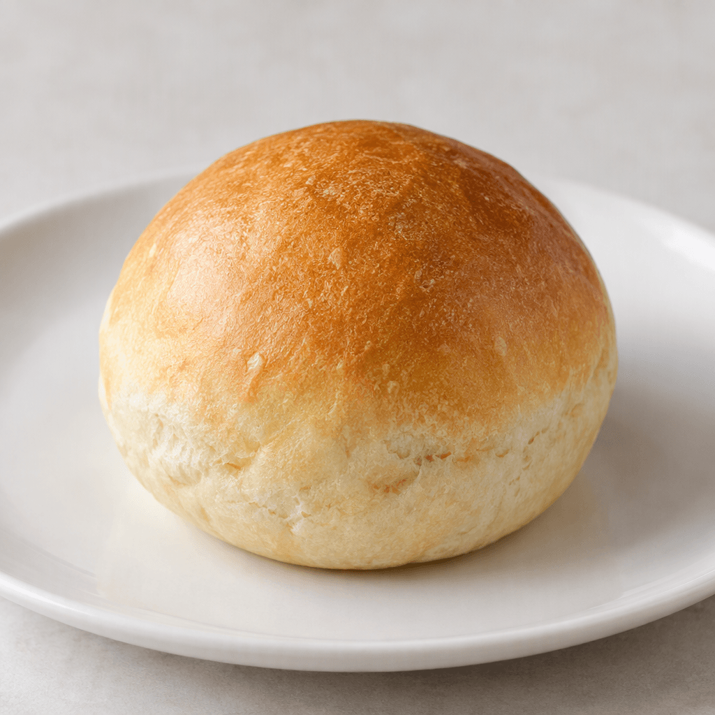 A small, round plain bread roll with a smooth pale-golden crust and a soft, finely textured white interior, served whole on a simple plate.