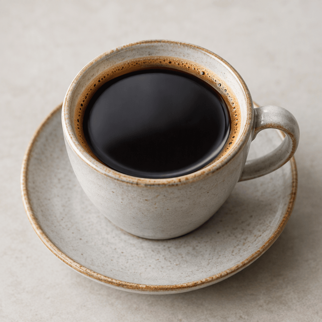 A nearly black, clear coffee fills a small ceramic cup, with a smooth reflective surface and a thin brown crema-like ring at the edges, served on a matching saucer without milk or sugar.