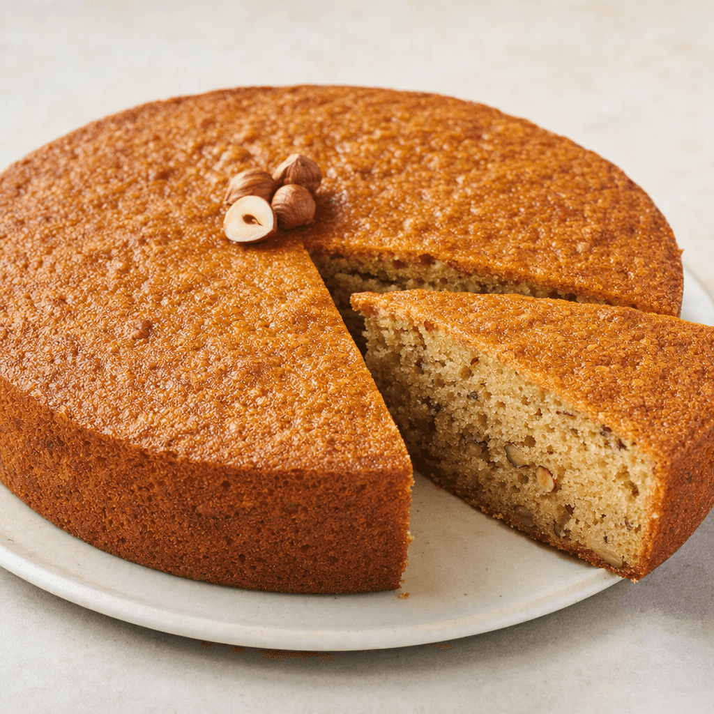 A golden-brown round cake with a lightly textured top is served on a plate, with a cut slice showing a pale tan crumb dotted with small hazelnut pieces.