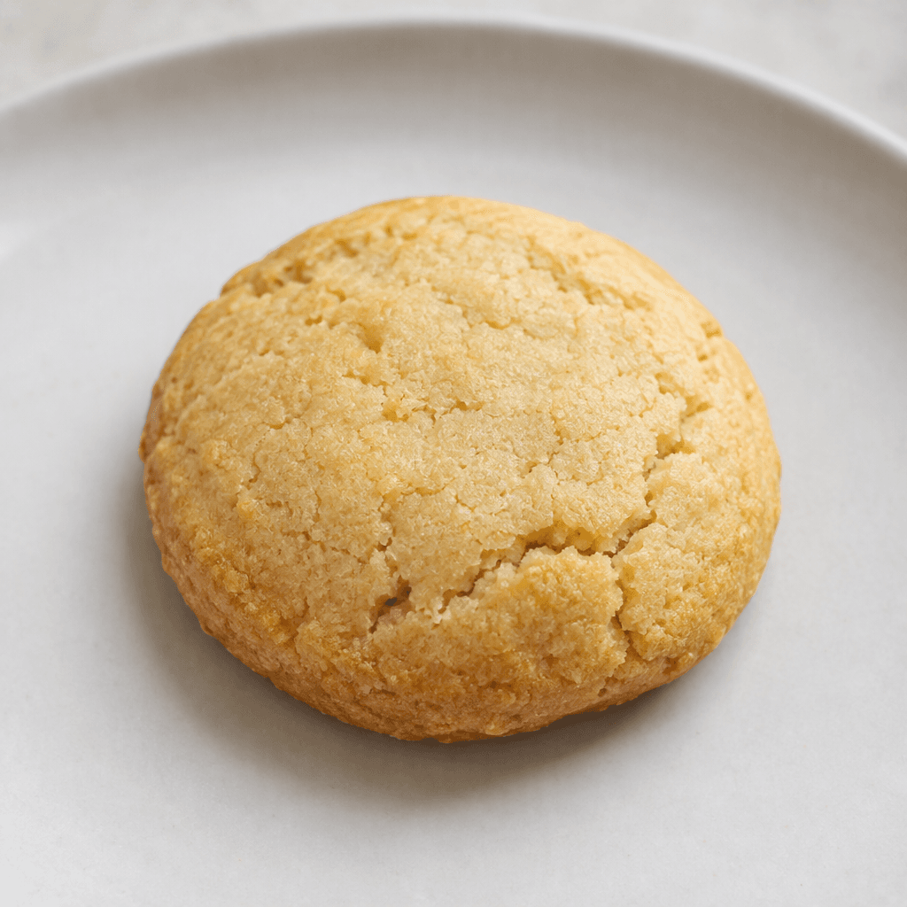 A small, round, pale golden-brown cookie with a smooth, slightly cracked surface and a firm, crumbly texture, served plain on a simple plate.