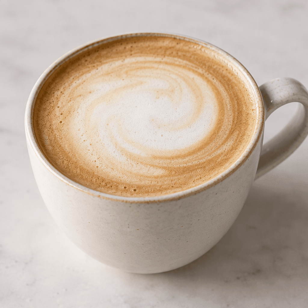 Bir fincanda, pürüzsüz açık kahverengi yüzeyi ince bir beyaz köpük tabakasıyla kaplı sade bir latte duruyor.