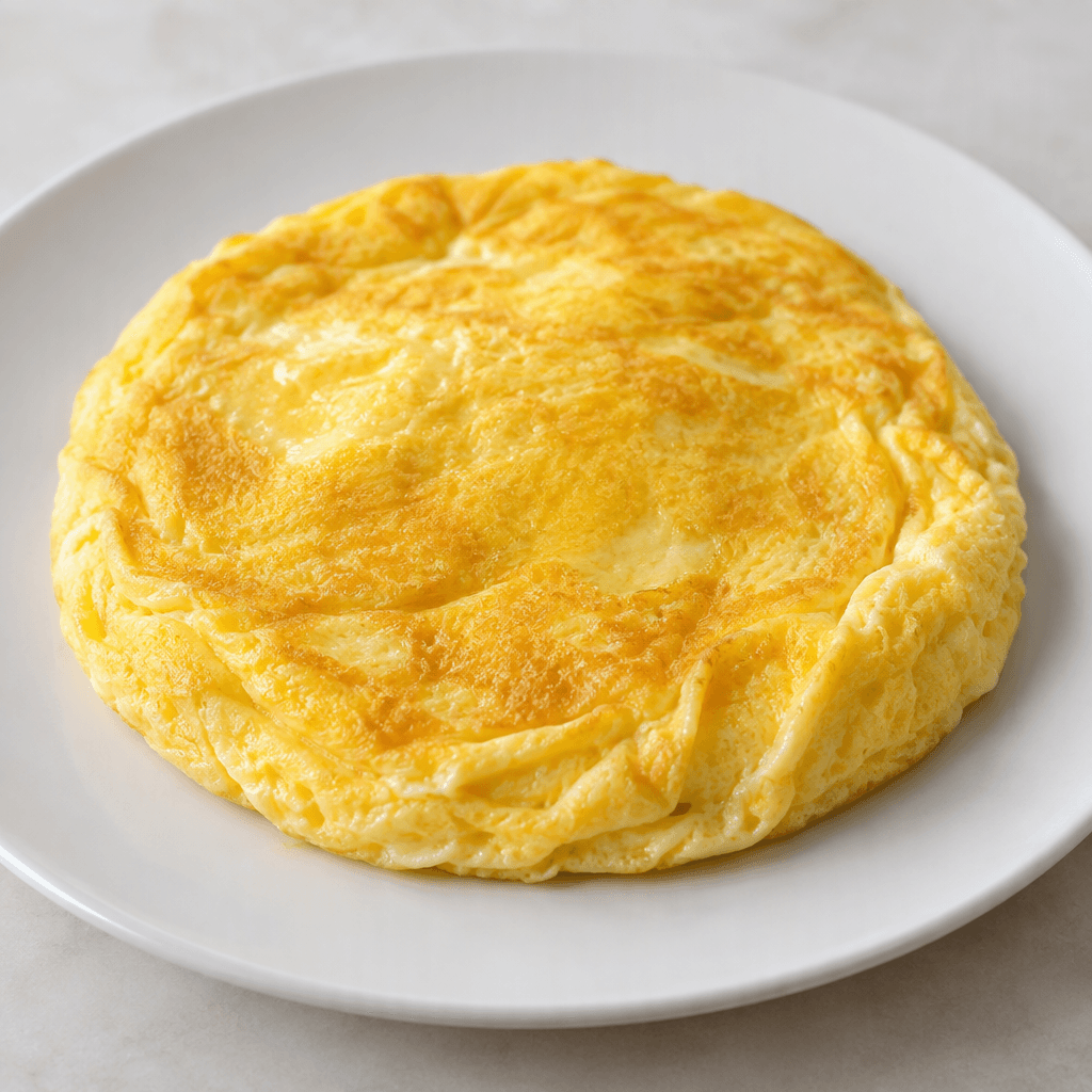 Sade bir tabakta duran, yüzeyi pürüzsüz altın sarısı, kenarları biraz daha açık renkli, yuvarlak ve yumuşakça katlanmış tek parça omlet.