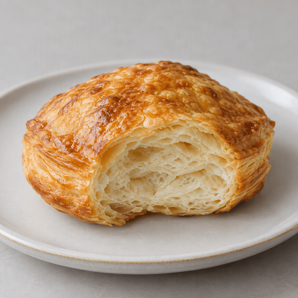 A plain, palm-sized savory pastry with a golden-brown, lightly blistered surface, crisp layered edges, and a soft, pale interior visible where it is cut, served unfilled on a simple plate.
