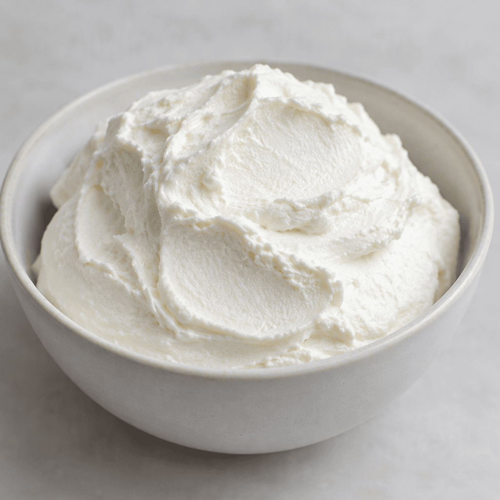 A mound of plain quark is bright white, thick and creamy, with a soft, faintly grainy surface.