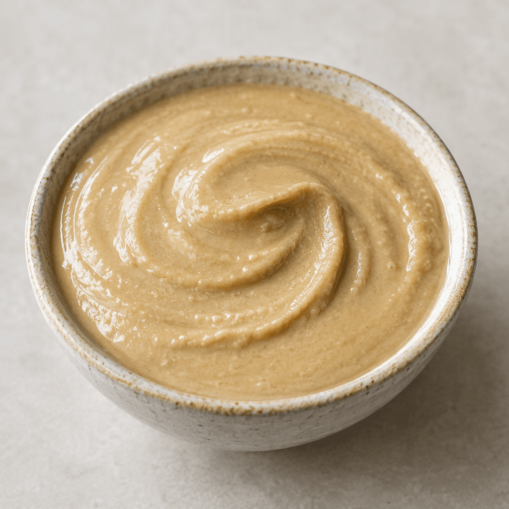 Smooth, thick, pale beige sesame paste with a slight sheen sits in a small bowl, its surface marked by soft swirls.