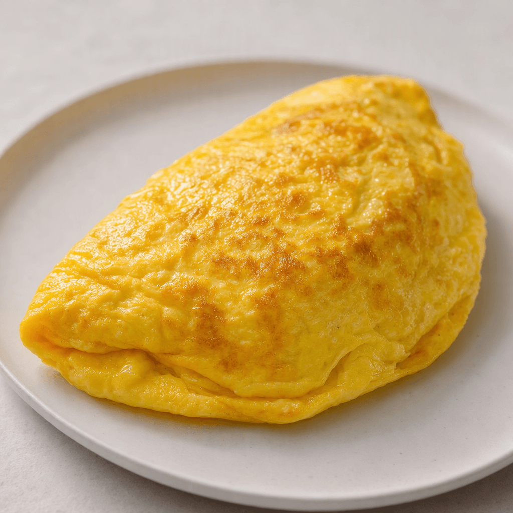 A soft, folded golden-yellow omelette with a lightly browned surface and a subtle glossy sheen, served on a plain plate.