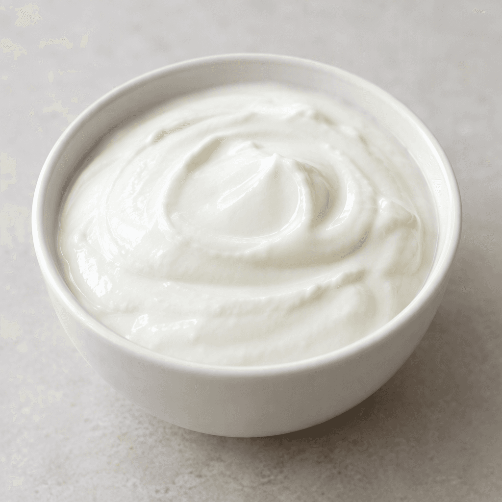 Smooth, thick, glossy white yogurt with an even creamy surface, served in a small plain bowl.