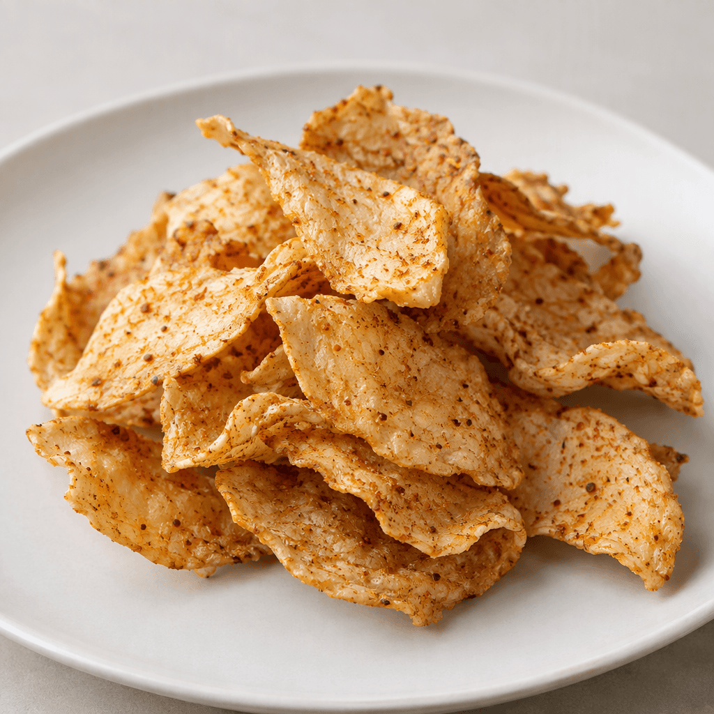 A small pile of thin, crisp, irregularly shaped protein chips, pale golden with scattered red-brown seasoning flecks, rests on a plain plate.