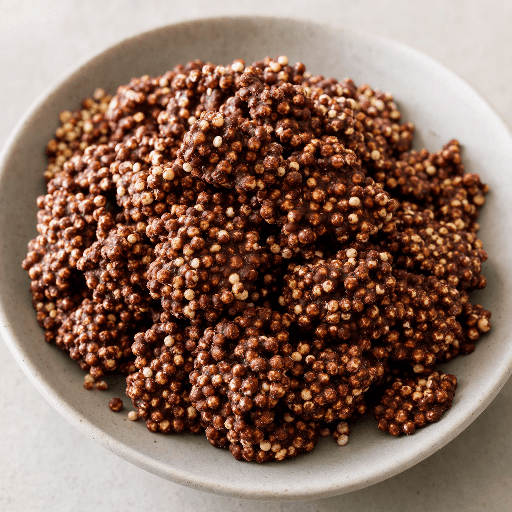 Small, irregular clusters of tiny puffed amaranth grains are coated in a dark brown chocolate layer, with a slightly bumpy surface and a few loose grains visible beside them.