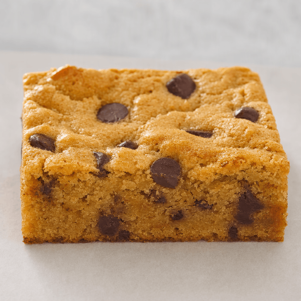 A golden-brown rectangular bar with a firm, slightly crumbly surface dotted with dark chocolate chips.