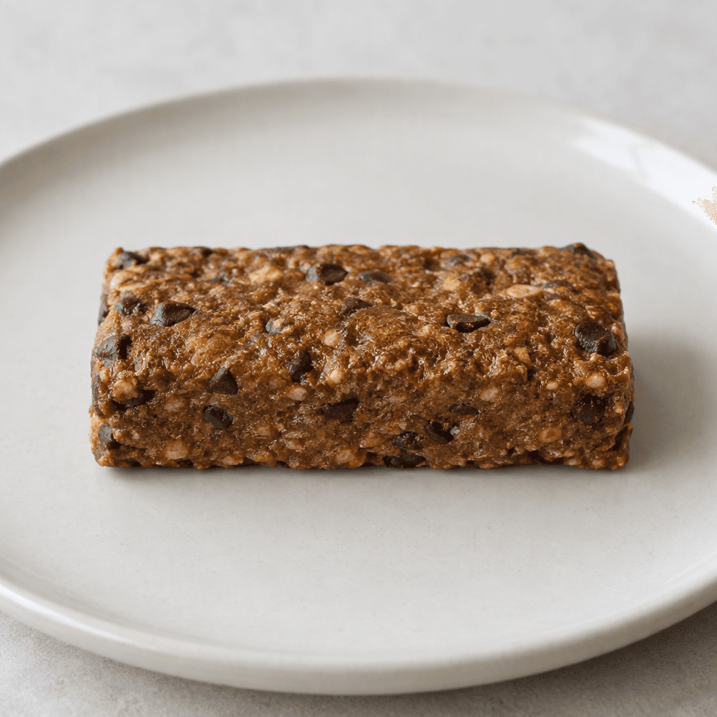 A compact, rectangular protein bar with a slightly uneven brown surface and small dark chocolate chips scattered throughout, shown whole on a plain plate.