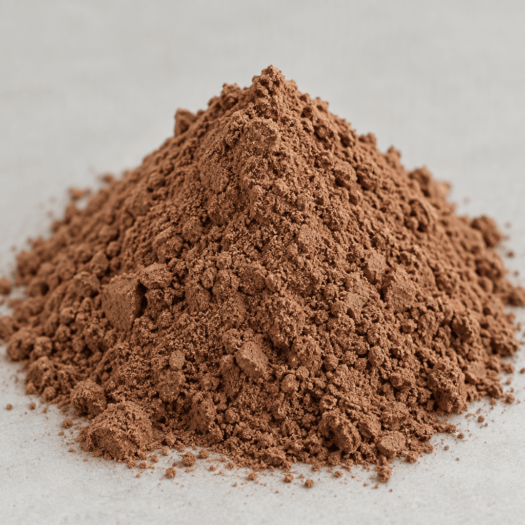 A loose mound of fine, cocoa-brown pea protein powder with a slightly grainy texture.