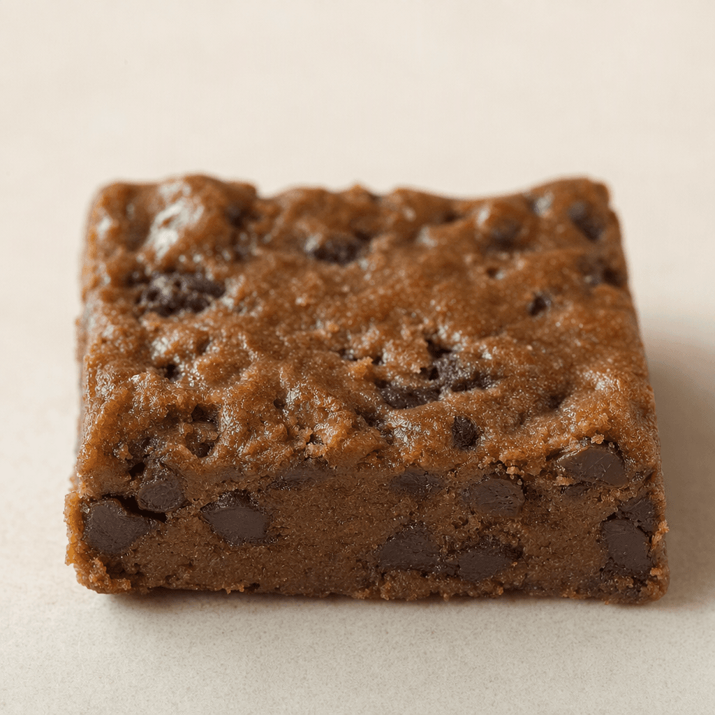 A compact, roughly rectangular brown bar with a slightly uneven, chewy-looking surface and small dark chocolate pieces visible throughout.