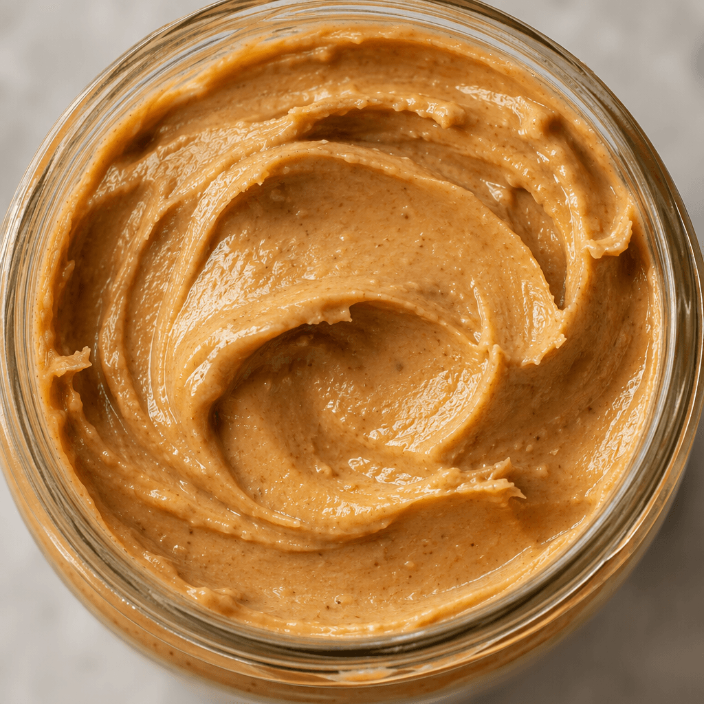 A thick, smooth, light-brown peanut paste with a soft sheen and gentle swirls across its surface.