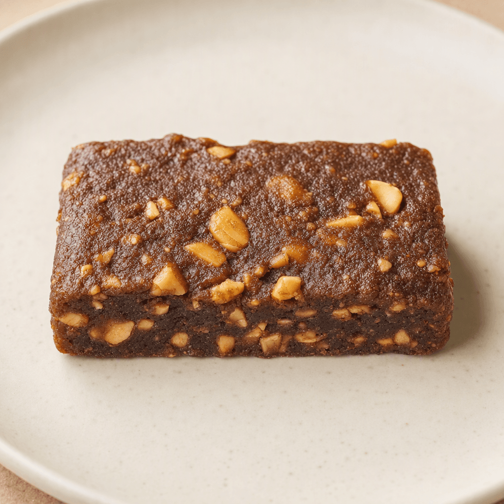 A compact rectangular dark-brown bar with a slightly rough, dense surface and visible peanut pieces, served on a plain plate.