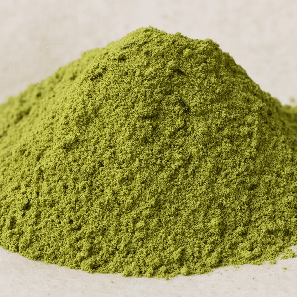 A mound of fine, muted green powder with a slightly uneven surface and a few darker flecks.