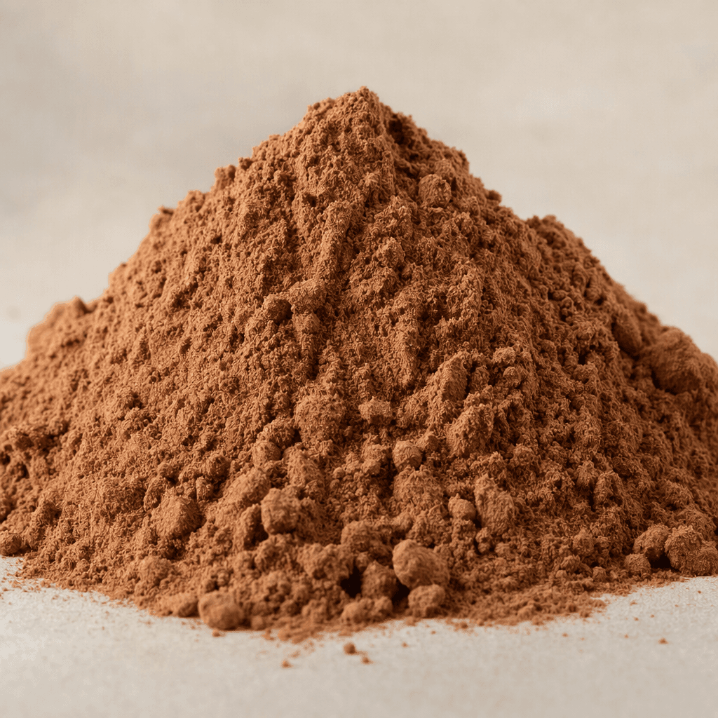 Fine, loose cocoa-brown protein powder forms a small mound, with a soft matte surface and a few tiny clumps.