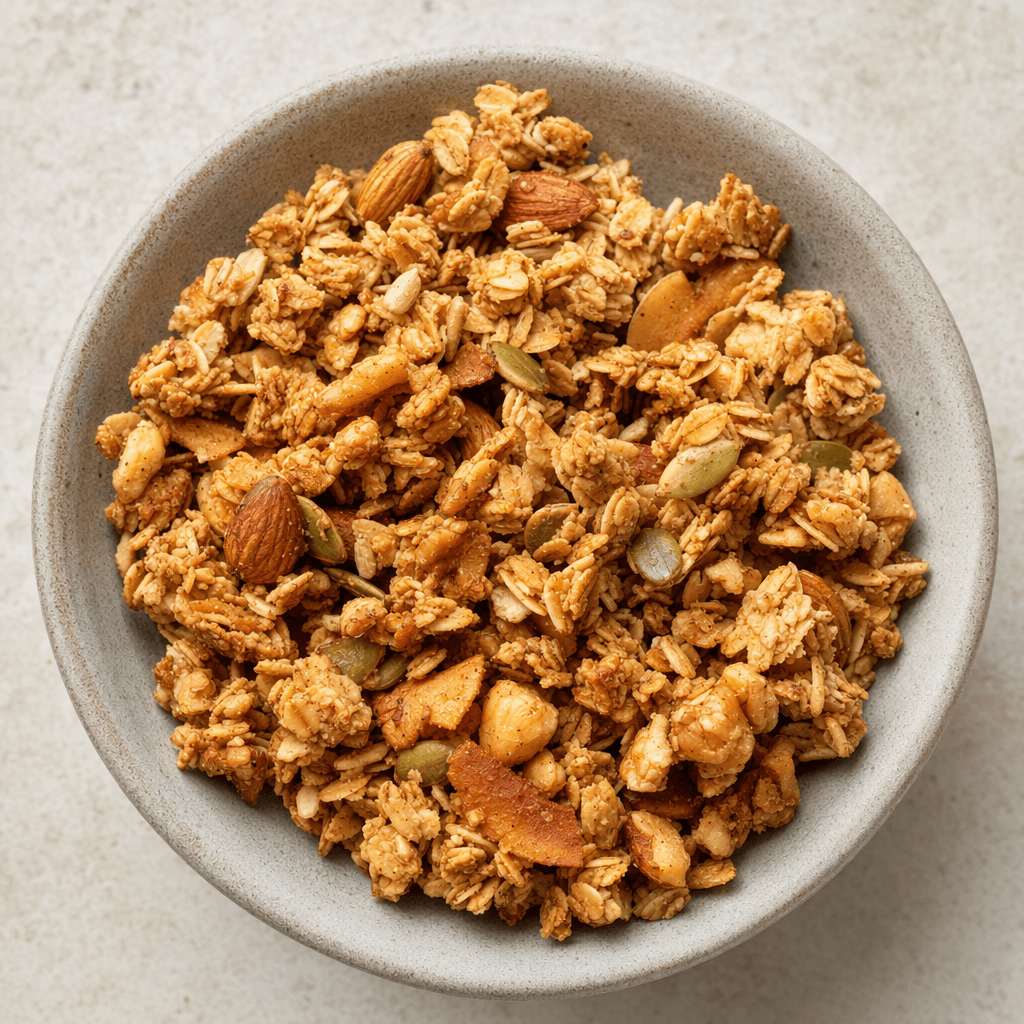 Loose, irregular clusters of pale golden-brown granola with visible nuts and seeds, scattered in a small bowl.