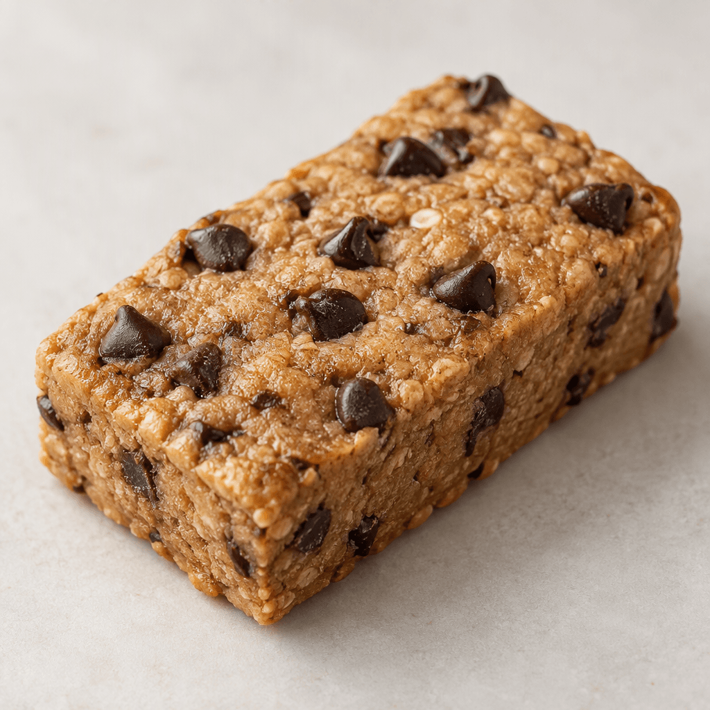 A compact rectangular, light-brown bar with a slightly rough, dense surface and small dark chocolate chips scattered across it.