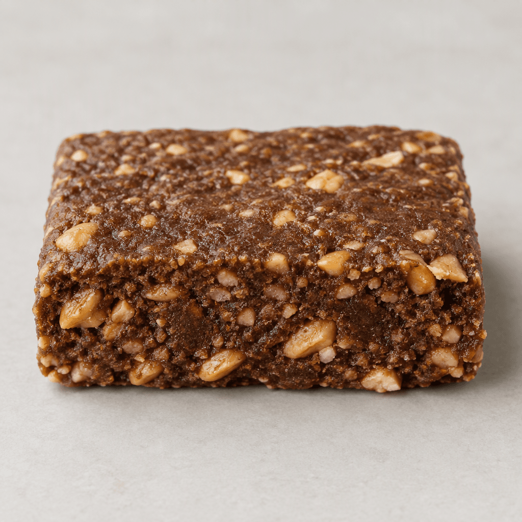 A compact rectangular brown protein bar with a dense, slightly rough surface and visible pieces of pale tan peanut throughout.