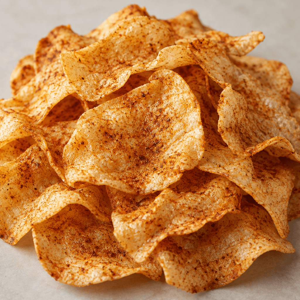 Thin, crisp, irregularly shaped protein chips with a pale golden surface and a light dusting of reddish-brown barbecue seasoning.