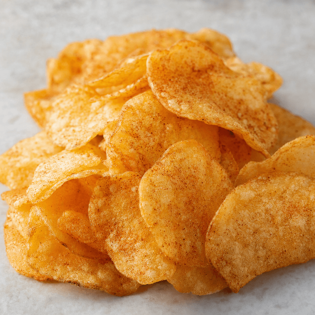A small pile of thin, irregularly shaped chips with a rough, bubbled surface, golden tan color, and scattered reddish-brown barbecue seasoning.